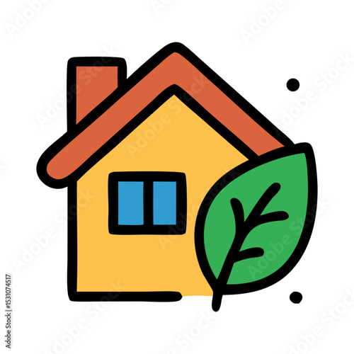 Eco-Friendly Home: A charming illustration of a yellow house with a green leaf, symbolizing sustainable living and environmental consciousness.