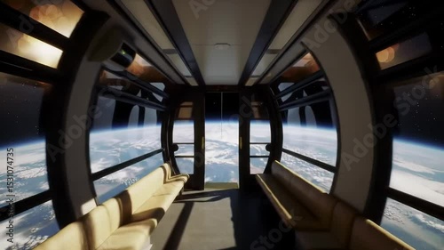 Stunning futuristic spacecraft interior with earth view high quality photography