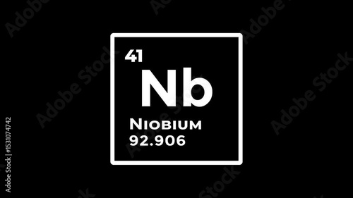 Niobium, chemical element of the periodic table graphic animation. Alpha channel. Transparent background motion design. 4K resolution