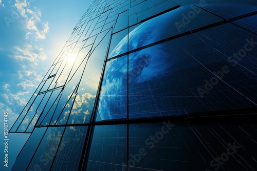 high quality visual of reflection of planet earth in solar panels of a space satellite photo