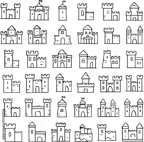 Set of 50 line icons related to castle, fort, medieval, palace, tower, fortress, citadel, Editable stroke. Vector illustration