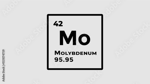 Molybdenum, chemical element of the periodic table graphic animation. Alpha channel. Transparent background motion design. 4K resolution