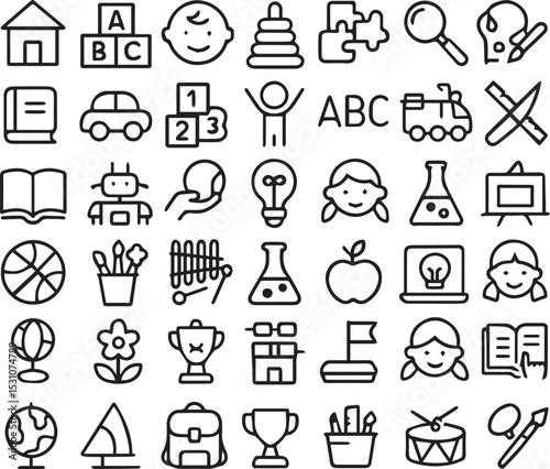 Set of 50 line icons related to children education, child development, kids activity, early learning, child skills, school, kindergarten, Editable stroke. Vector illustration