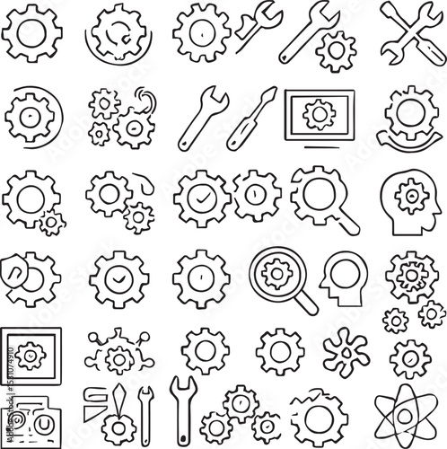 Set of 50 line icons related to gear, cogwheel, engine, mechanical, setting, repair, mechanism, Editable stroke. Vector illustration
