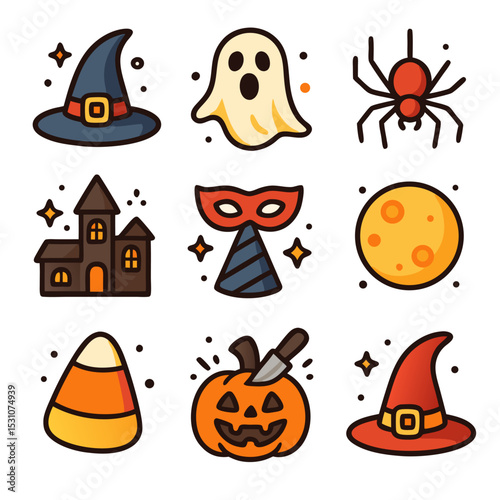 Spooky Halloween Icons: A collection of whimsical icons, evoking the essence of Halloween: a witch's hat, ghost, spider, haunted castle, masquerade mask, full moon, candy corn, carved pumpkin.