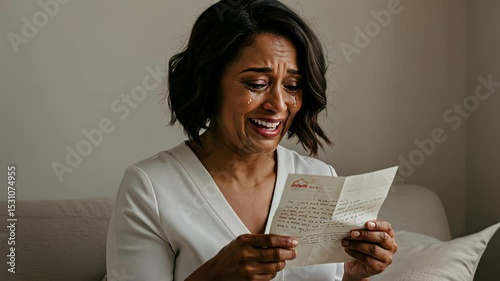 Woman crying while reading shocking letter. Sad female in despair over bad news or heartbreak. Emotional stress concept footage.