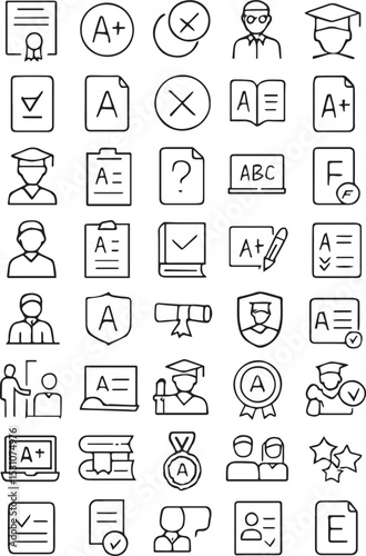 Set of 50 line icons related to grade, exam, score, graduate, teacher, academic, pass, results, Editable stroke. Vector illustration