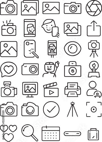 Set of 50 line icons related to photo, selfie, picture, camera, gallery, tripod, capture, Editable stroke. Vector illustration