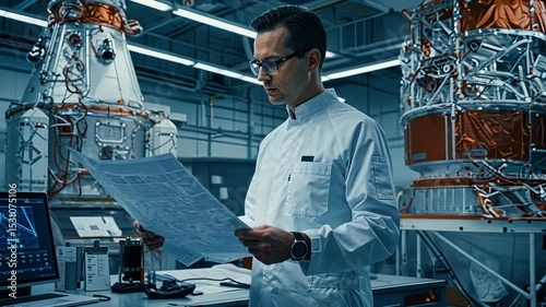 Male aerospace engineer examining blueprint on spacecraft manufacturing facility. Scientist working on satellite design project. Science development footage.