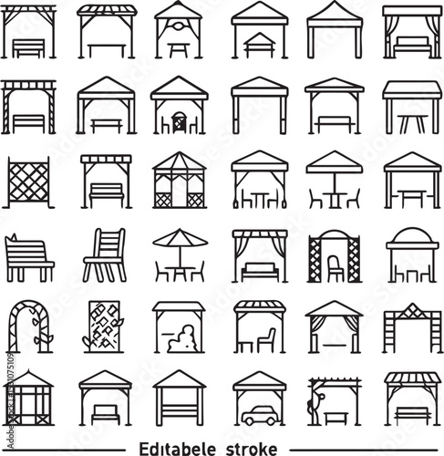 Set of 50 line icons related to pergola, canopy, gazebo, seating, patio, trellis, shelter, arbor, Editable stroke. Vector illustration
