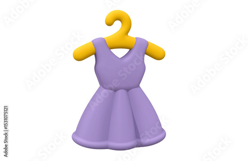 3D purple dress on hanger in cute cartoon fashion icon style for clothing or shop design