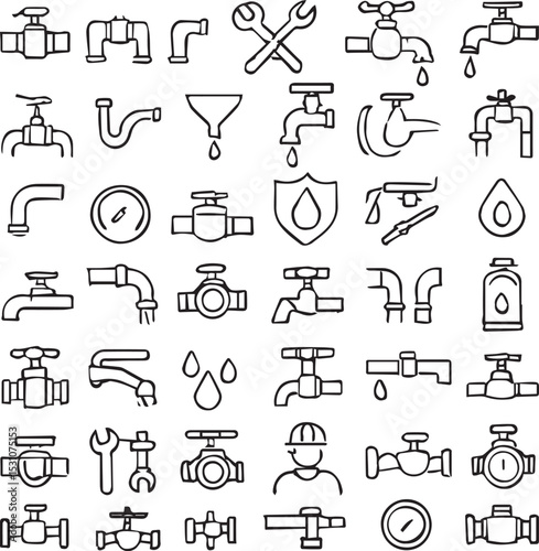 Set of 50 line icons related to pipeline, maintenance, welding, system, faucet, gas, oil, water, plumbing, tap, pressure, gauge, valve, pipes, Editable stroke. Vector illustration
