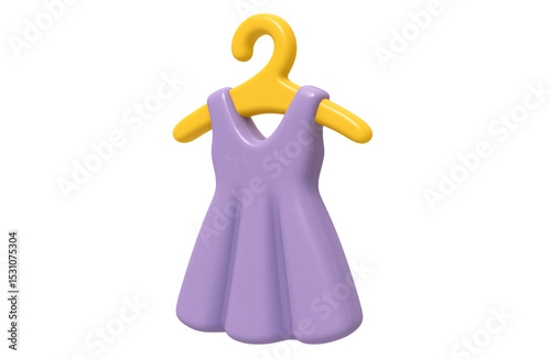 3D purple dress on hanger in cute cartoon fashion icon style for clothing or shop design