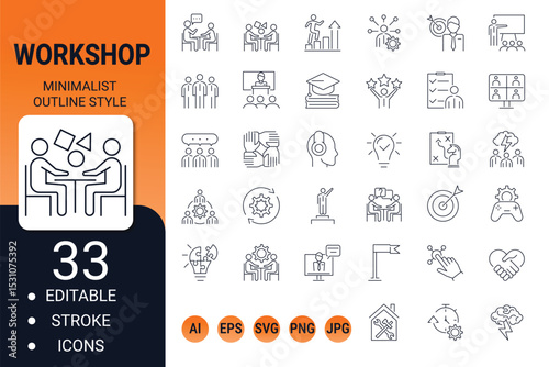 workshop line icons – editable vector set for teamwork, coaching, productivity, and collaboration