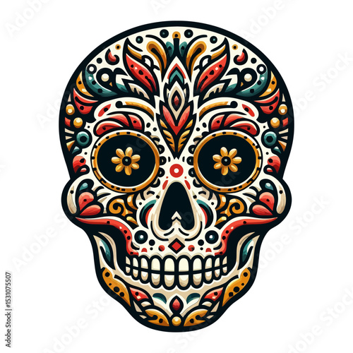 highly decorated sugar skull with intricate patterns and vibrant colors. Ideal for websites/blogs about Day of the Dead, Mexican culture, Halloween, celebrations, or folk art.