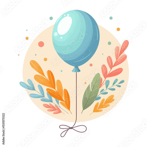 vibrant blue balloon with colorful foliage, dots, and stars. Ideal for websites/blogs about birthdays, celebrations, parties, events, or promotions.

