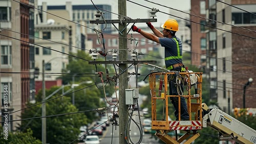Male utility worker in hard hat repairing power line from a lift bucket. Electrician performing maintenance on telecommunication wires.