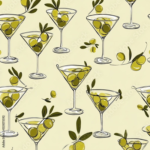 Martini glasses with olives, seamless pattern