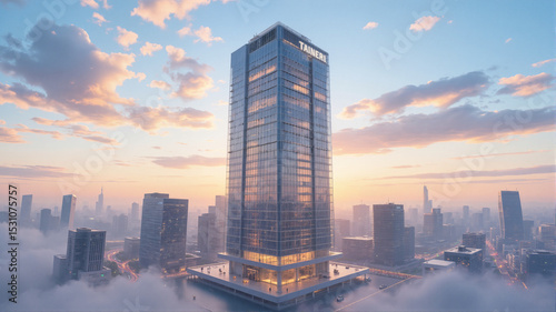Cityscape with skyscrapers and clouds in background