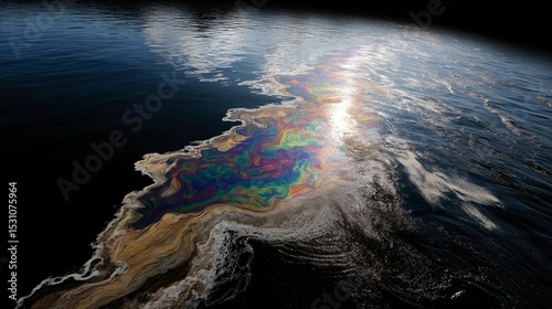 Iridescent oil spill pollutes ocean reflecting environmental disaster with pollution. AI generated.