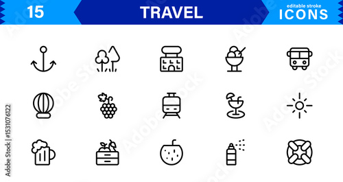 Travel Icon Set Featuring Airplane, Luggage, Destination, Passport, and Vacation Symbols in Clean, Professional Vector Design for Stock Use