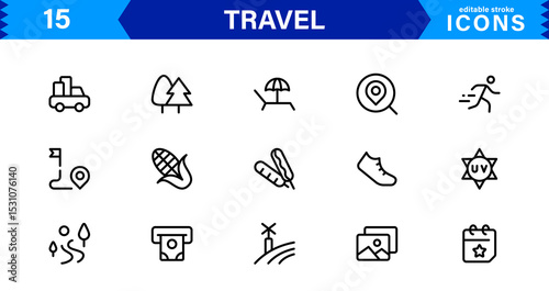 Travel Icon Set Featuring Airplane, Luggage, Destination, Passport, and Vacation Symbols in Clean, Professional Vector Design for Stock Use