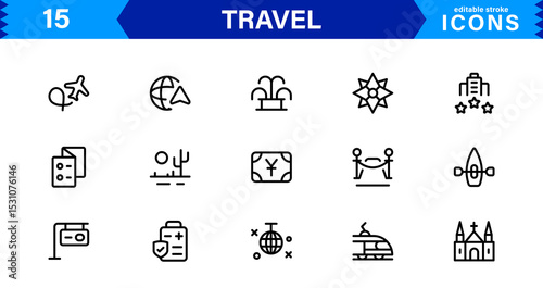 Travel Icon Set Featuring Airplane, Luggage, Destination, Passport, and Vacation Symbols in Clean, Professional Vector Design for Stock Use