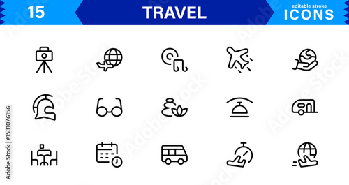 Travel Icon Set Featuring Airplane, Luggage, Destination, Passport, and Vacation Symbols in Clean, Professional Vector Design for Stock Use