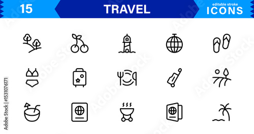 Travel Icon Set Featuring Airplane, Luggage, Destination, Passport, and Vacation Symbols in Clean, Professional Vector Design for Stock Use
