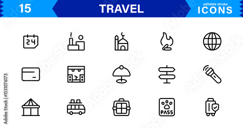 Travel Icon Set Featuring Airplane, Luggage, Destination, Passport, and Vacation Symbols in Clean, Professional Vector Design for Stock Use
