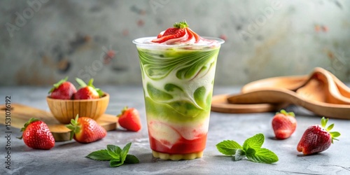 Refreshing Matcha Strawberry Swirl Smoothie in a Clear Cup with Fresh Berries and Mint Garnish