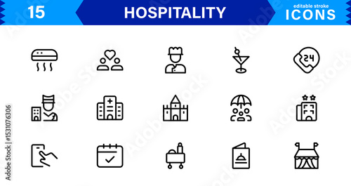 Hospitality Icon Collection with Hotel, Service, Room, Food, and Reception Symbols in Minimalist, Marketable Vector Style for Digital Assets