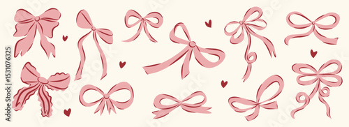 Vector Illustration of 11 pink girly vintage bow set. Y2k bow hair decor flat. Ribbons isolated. Trendy girls accessories. Cute hairstyle elements collection for valentine's day, Christmas, wedding.