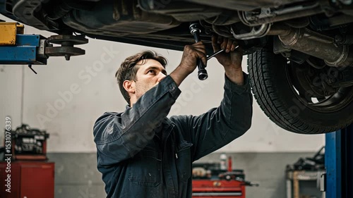 Male mechanic repairing a car on a lift. Auto service concept with skilled technician working on vehicle in garage, footage.