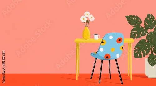 Colorful and Modern Workspace with Bright Accents and Tropical Plants, Featuring a Decorated Chair and Vibrant Background