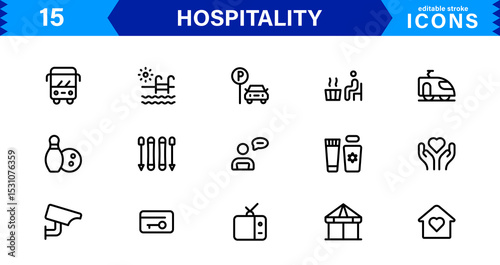 Hospitality Icon Collection with Hotel, Service, Room, Food, and Reception Symbols in Minimalist, Marketable Vector Style for Digital Assets
