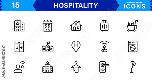 Hospitality Icon Collection with Hotel, Service, Room, Food, and Reception Symbols in Minimalist, Marketable Vector Style for Digital Assets