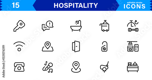 Hospitality Icon Collection with Hotel, Service, Room, Food, and Reception Symbols in Minimalist, Marketable Vector Style for Digital Assets