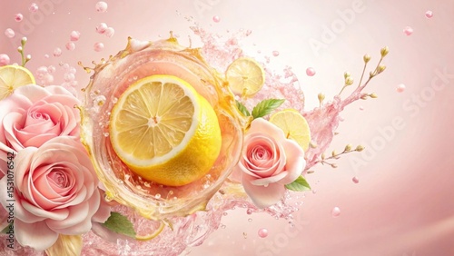 Refreshing Lemon and Rose Splash A vibrant image showcasing the delightful fusion of citrus and floral essences, captured in a dynamic burst of liquid energy.