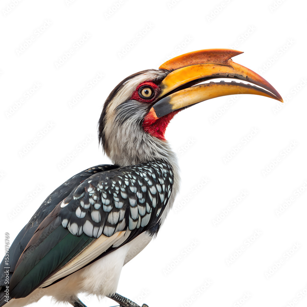 Fototapeta premium A close-up of a Southern Yellow-billed Hornbill with a striking yellow and black beak. The bird has a distinctive gray body and red facial features against a black background.
