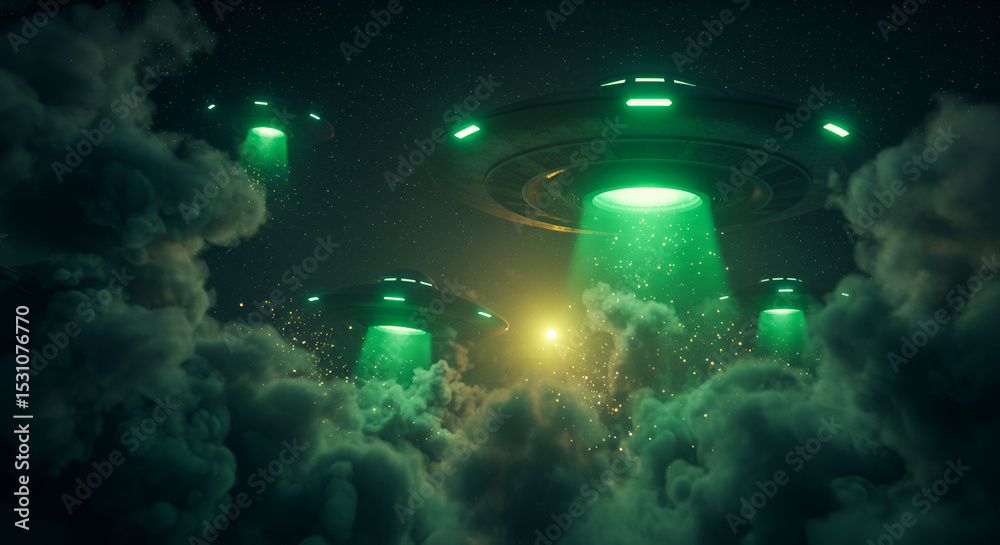 Fototapeta premium Eerie scene of unidentified flying objects hovering above the mysterious clouds