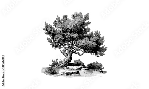 Juniper Tree Illustrations, vector illustration, nature art, forest design, botanical drawing, evergreen tree, woodland scene, seasonal foliage, natural landscape, outdoor plants, organic texture.