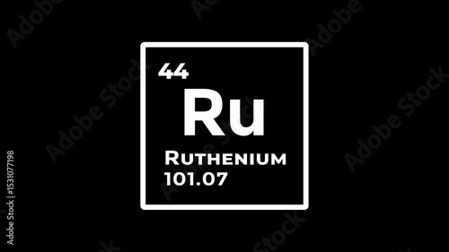Ruthenium, chemical element of the periodic table graphic animation. Alpha channel. Transparent background motion design. 4K resolution
