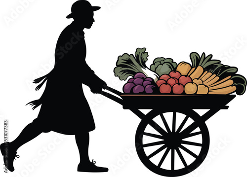 Vintage silhouette of a farmer delivering fresh produce in a wooden wheelbarrow to market