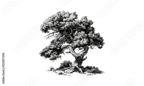 Vector illustration Juniper Tree, forest scenery, botanical sketch, evergreen plant art, natural environment, woodland flora, seasonal foliage, organic tree design, garden landscape.