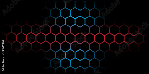 Dark gray and red horizontal hexagonal technology abstract vector background. red bright energy flashes under hexagon in futuristic modern technology wide banner. Dark gray honeycomb texture grid.