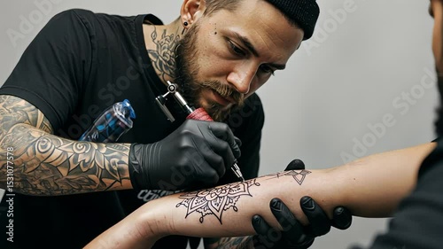 Tattoo artist man working on a mandala design for female arm in a studio. Body art and creative expression concept footage.