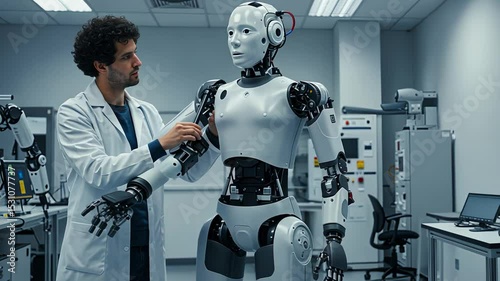 Male scientist calibrating a humanoid robot in a modern laboratory. Research and development of artificial intelligence and robotics future footage.