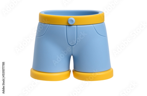 3D cartoon blue shorts with yellow waistband, summer clothing fashion icon on transparent background