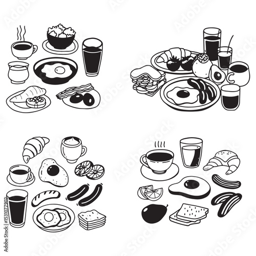 Hand drawn breakfast illustration with coffee, fried egg, croissant, milk, cereal, bacons, sausages, citrus juice, avocado, tomato, 
pancakes.